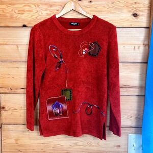 Moffi Vintage Burnt Orange Chenille Knit Artsy Patchwork Sweater Small Button